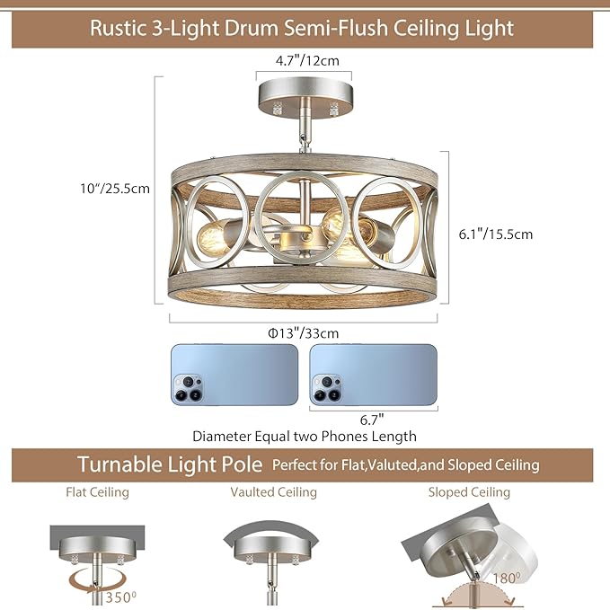 Farmhouse Ceiling Light Fixture, Drum Round Modern Semi Flush Mount Ceiling Light for Kitchen Bedroom Dining Living Room, 13" Metal Nickel and Wood Grain Chandeliers