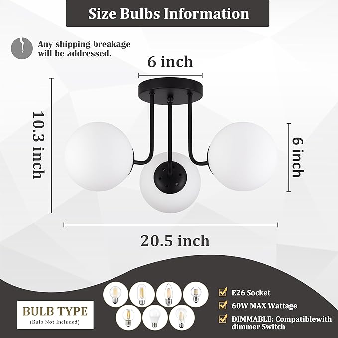 KoKo&Yukina 3-Light Semi Flush Mount Ceiling Light Globe Lights Mid Century Ceiling Light with Opal Milk Glass Globe & Matte Black for Bedroom Hallway Entryway Kitchen Living Room (Bulb Incl.)