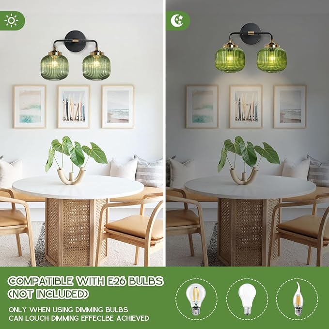 2-Lights Globe Wall Sconce Bathroom Light fixtures Vanity Lamp Mid Century Modern Wall Lights with Green Striped Glass Shade Vintage Vanity Lights for Over Mirror Hallway Overhead