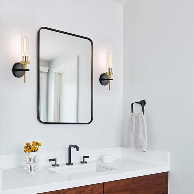 LaLuLa Black and Gold Bathroom Light Fixtures Over Mirror, Wall Sconces Set of 2 with Knurled Texture, Modern Hardwired Vanity Lights with Clear Glass Tube Shade for Bathroom，Bedroom