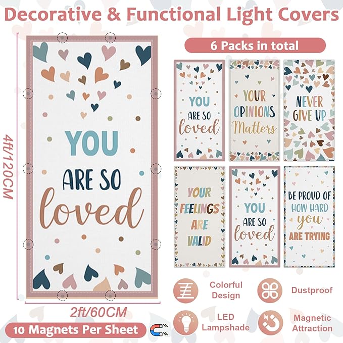 QOUBAI 6 Pcs Fluorescent Light Covers, 4x2 Feet Magnetic Light Cover Fluorescent Lights Shade Panel Positive Inspirational Ceiling Lights Filters for Office Classroom Home Drop Ceiling Boho Heart