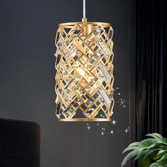 CATINER 1-Light Gold Crystal Pendant Light, Mini Ceiling Hanging Light Fixture with K9 Prisms for Kitchen Island, Bathroom, Bedroom, or Bar