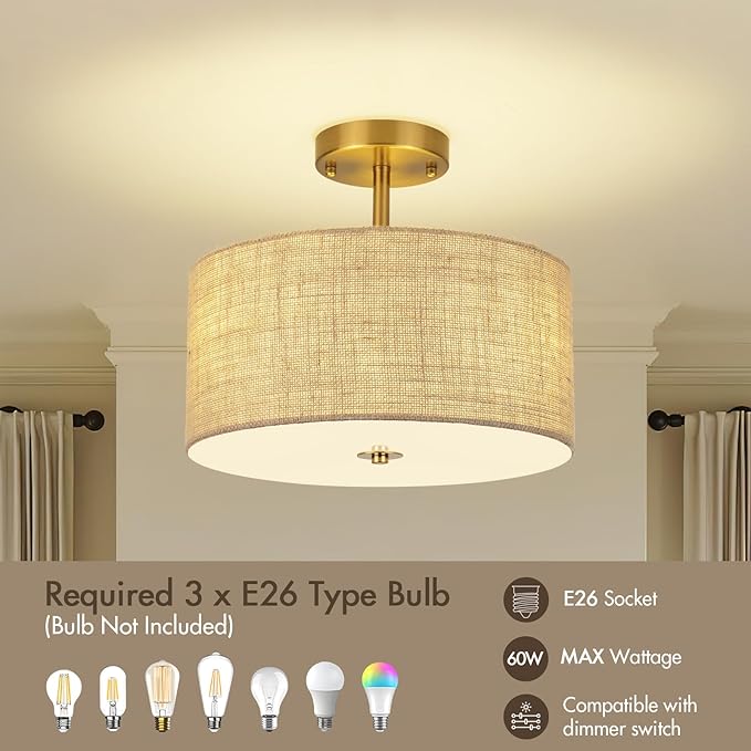 13 Inch Modern Semi Flush Mount Ceiling Light Fixture, Gold Drum Lamp with Textured Woven Linen Burlap Shade, Rustic Farmhouse Boho Lighting for Bedroom, Kitchen, Hallway, Entryway Room