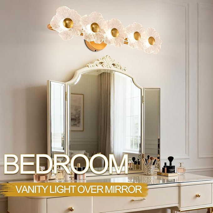 26.7" Gold Bathroom Light Fixtures 5 Light Floral Vanity Lights, 3-Color Dimmable Bathroom Vanity Light Elegant Led Wall Lights Cordless Wall Sconces for Decor,Bathroom,Livingroom