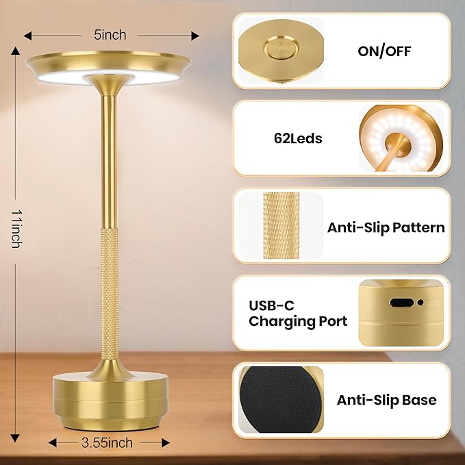 2-Pack Cordless Table Lamp Rechargeable 5000mAh, 3-Color Stepless Dimming Touch Sensor, Portable LED Desk Light for Bedroom, Nightstand, Camping, Patio (2-Pack Gold)