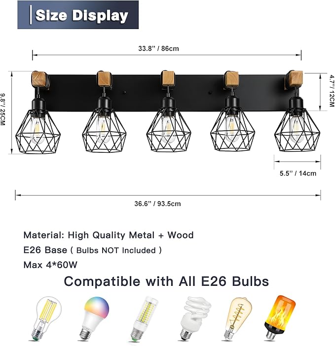 5-Light Farmhouse Bathroom Vanity Light Fixtures, Wood Bathroom Light Fixtures Over Mirror, Rustic Sconces Wall Lighting with Elegant Metal Lampshade for Living Room, Bedroom, Hallway