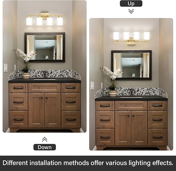 FonmYim Gold Bathroom Light Fixtures, 4-Light Modern Vanity Light Over Mirror, Wall Sconces with Milky White Frosted Glass Shades, E26 Socket (Bulbs Not Included)