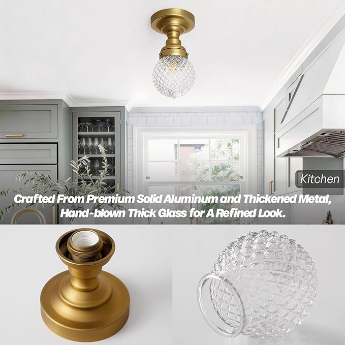 Schoolhouse Semi Flush Mount Ceiling Light, Brass Gold Close to Ceiling Light Fixtures with Hand-Blown Glass Shade Modern Hallway Ceiling Lamp for Laundry Entryway Kitchen Bathroom E26