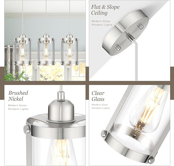 Brushed Nickel Pendant Lights Kitchen Island, 1-Light Modern Mini Hanging Light Fixtures with Clear Glass, Farmhouse Kitchen Pendant Lighting Over Island for Sink, OS-3014-1PBN