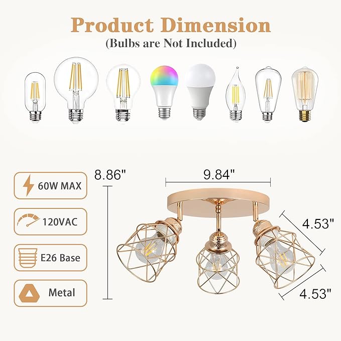 Kitchen Light Fixtures - 3-Lights Multi-Directional Ceiling Lamp with E26 Base, Adjustable Flush Mount for Hallway, Farmhouse, Kitchen, Dining Room, Entryway