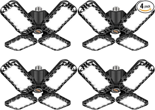 Tudoccy LED Garage Light 4 Pack, 180W Ultra Bright LED Shop Light with 4 Adjustable Panels, 18000LM E26/E27 Base Deformable Ceiling Fixtures for Garage, Workshop, Attic, Basement, Barn (Black-4 Pack)