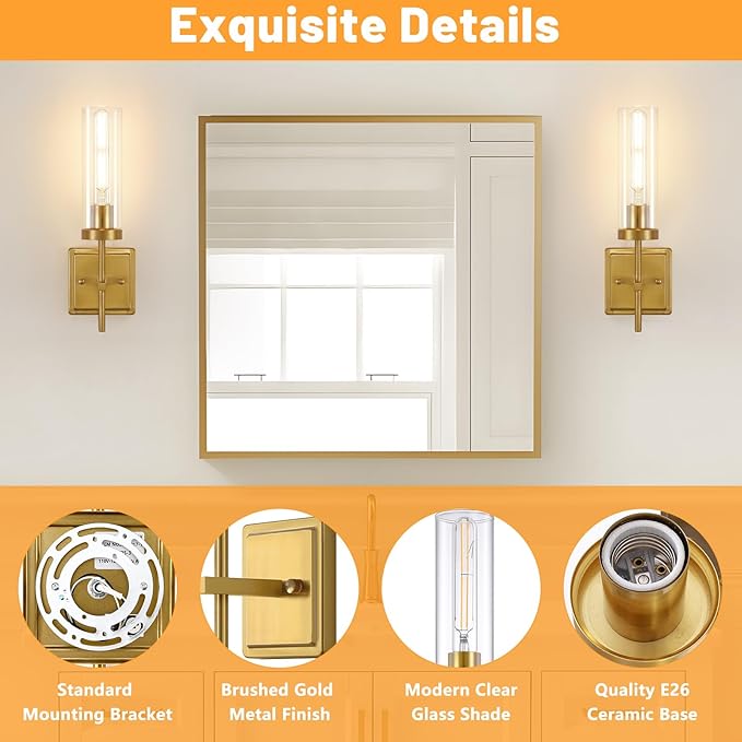 Gold Wall Sconces Lighting Set of 2, Hardwired Bathroom Vanity Light Fixture with Clear Glass Shade, Farmhouse Wall Mounted Lights for Mirror Bedroom Living Room Kitchen (Bulbs Not Included)