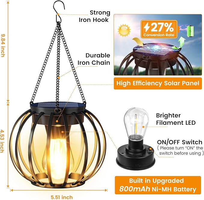 Solar Lanterns Outdoor Waterproof 2 Pack, 14.37" Metal Hanging Solar Lights for Outside with Auto On/Off & Hook - Brighter Hanging Outdoor Lanterns Decorative Lighting for Garden Patio Yard