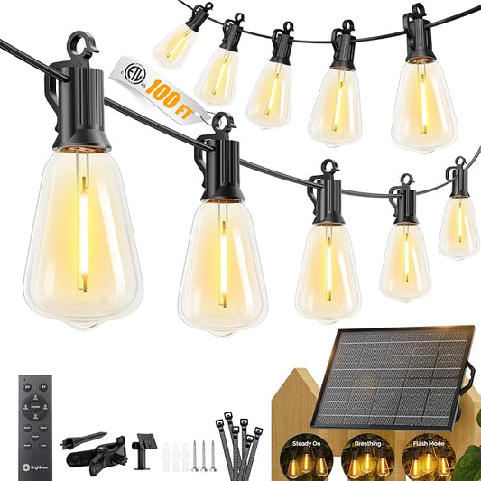 Brightown 100FT Solar String Lights Outdoor Waterproof, Patio Lights with Remote and 31+2 LED Shatterproof Bulbs, Dimmable & Timable, 3 Light Modes, Solar Lights Outdoor for Yard Camping Party Outside