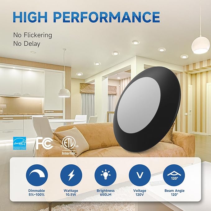ECOELER 4 Inch Black LED Disk Light, Dimmable Flush Mount Ceiling Light, 10.5W 650Lm, 3000K Warm White, Aluminum Baffle Trim, ETL Listed, 4 Pack