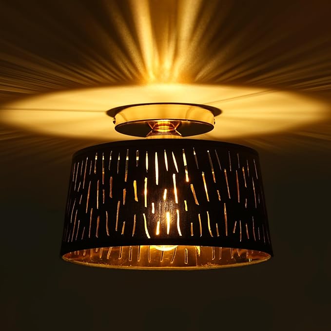 Modern Ceiling Light Fixture 2 Pack, 10 Inch Semi Flush Mount Lamp with Black Cut-Out Linen Shade, E26 Base, Gold for Kitchen Bedroom Hallway Closet Entryway Room Small Spaces