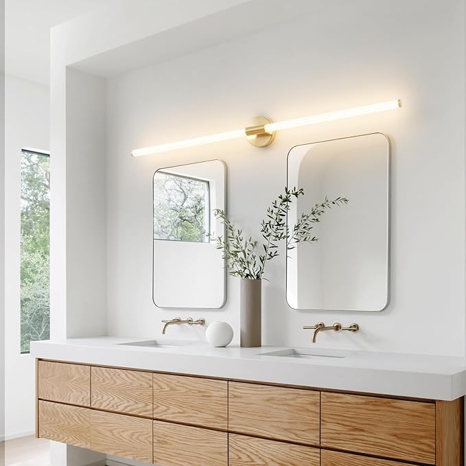 Gold Bathroom Vanity Lights 47 inch Long Bathroom Light Fixtures Over Mirror Hardwired, Dimmable LED 360° Full Lighting Modern Vanity Light Bar Wall Sconce Warm Light for Bedroom Living Room