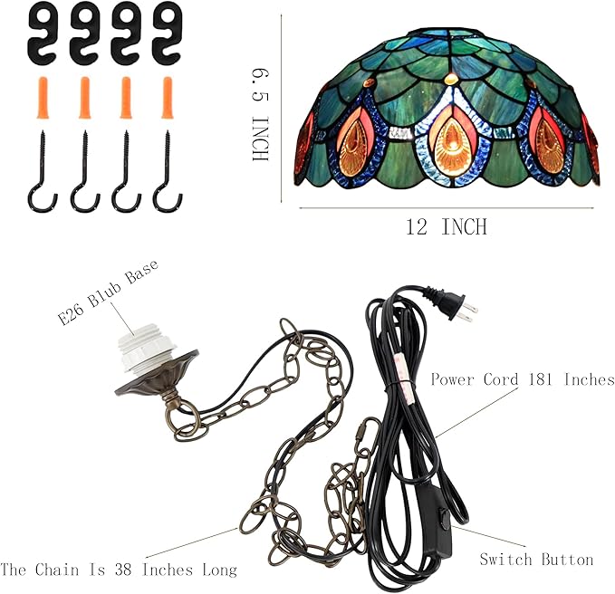 Tiffany Pendant Light Plug in Stained Glass Hanging lamp 12X12X181 Inch Hanging Lamp Living Room Bedroom Kitchen Dining Room Office(Brown Crystal)