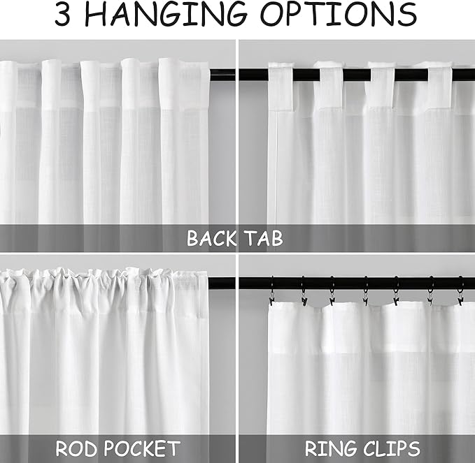 Nanspring White Semi Sheer Linen Curtains 58 Inch Length for Living Room 2 Panels Set Modern Farmhouse Window Curtain Back Tab Rod Pocket Light Filtering Privacy Drapes for Bedroom 52x58