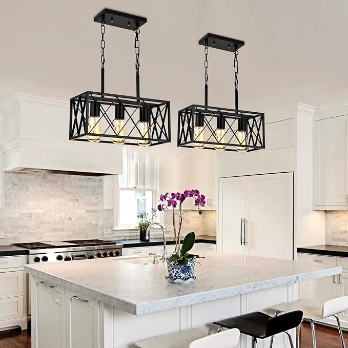 KEESFU Black Farmhouse Kitchen Island Lighting, 3 Lights Pendant Lighting Fixtures, Adjustable Height, Industrial Dining Room Light for Living Room Foyer Dining Table Over Sink.
