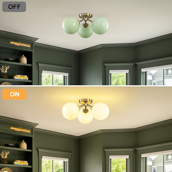 Green Semi Flush Mount Ceiling Light Fixture, 3 Light Opal Glass Globe Mid Century Modern Light Fixtures for Bedroom,Entryway,Hallway,Living Room,Kithcen,Dining Room
