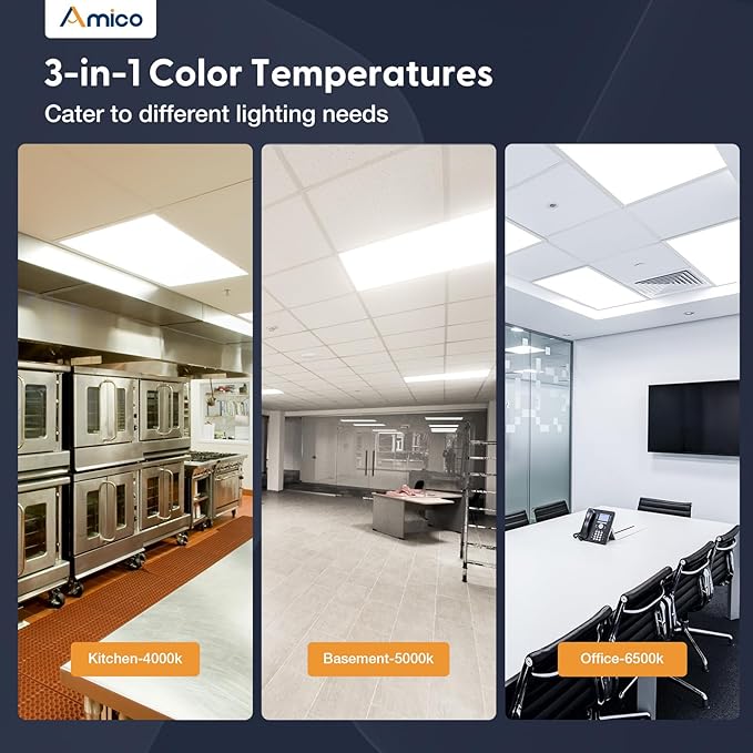 Amico 6 Pack 2x4 LED Flat Panel Light 30/40/50W 6250lm Adjustable, 0-10V Dimmable LED Drop Ceiling Light Fixtures, 4000K/5000K/6500K Selectable for Office - UL FCC Listed