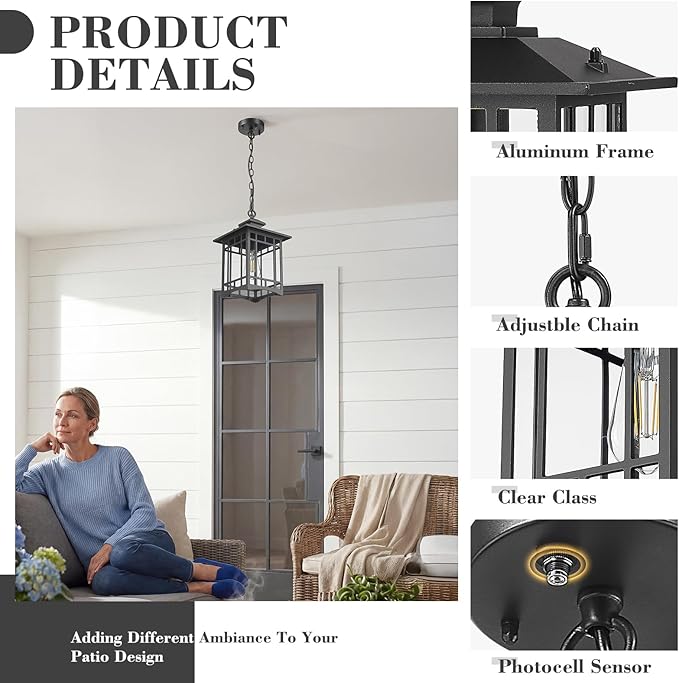 Emliviar 14.4" Hanging Lantern Light Fixture in Black Finish, Dusk to Dawn Modern Outdoor Porch Chandelier with Clear Glass Shade, 100W Max, XE309H-M-PC BK