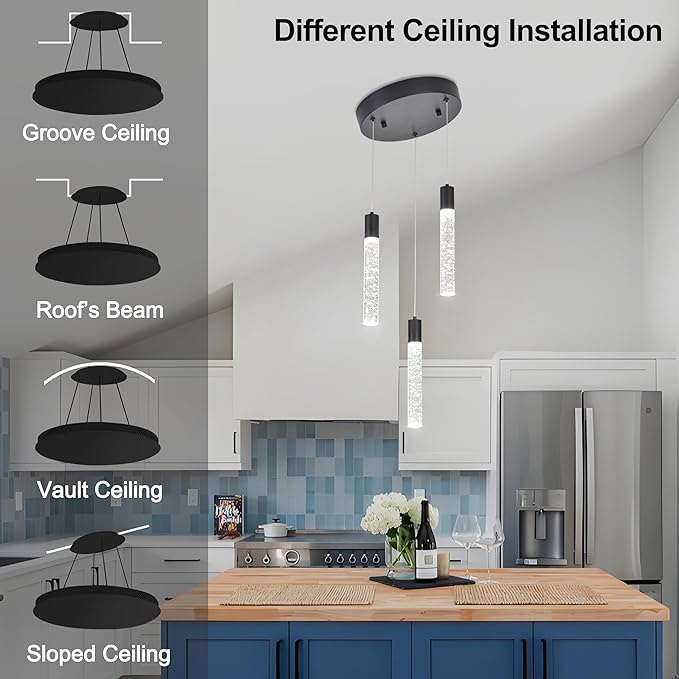 3-Light Bubble Crystal Ceiling Matte Black Integrated Crystal Pendant Chandelier,Dimmable LED Ceiling Light with Adjustable Height for Kitchen Island, Dining Room & Bedroom 3000K -6000K