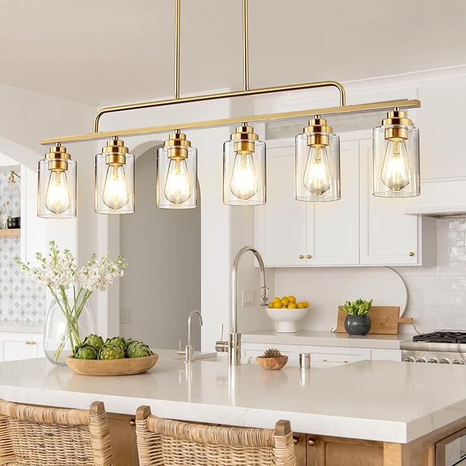 Dining Room Light Fixture - Brushed Gold 6-Light Farmhouse Chandelier Kitchen Island Lights Fixtures Modern Linear Chandeliers Hanging Pendant Lighting Over Table for Dining Room