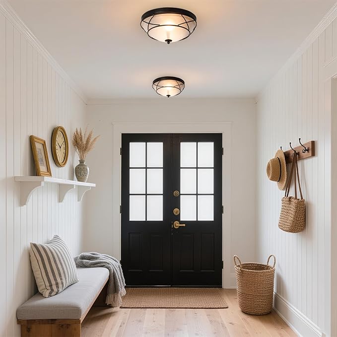 12" Black Classic Dome Flush Mount Ceiling Lights Set of 2, Frosted Glass 2-Light Bronze Lighting Fixtures, Farmhouse Rustic Ceiling Lamps for Living Room Kitchen Bedroom Hallway Staircase