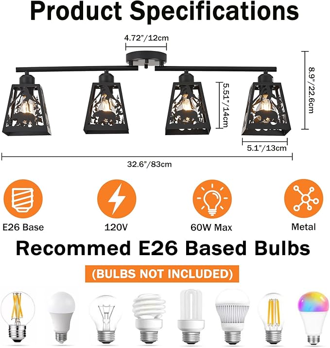Rustic Flush Mount Ceiling Light - 4-Light Metal Fixture with Bear Design, Farmhouse Ceiling Lamp for Kitchen, Living Room, Bedroom, Dining Room, Entryway, Hallway (Bulbs not Included)