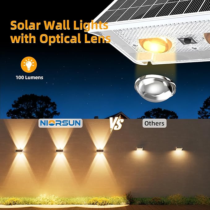 NIORSUN Solar Fence Lights Outdoor, 6 Pack Up and Down Waterproof Solar Wall Lights, Fence Lights with Lens, Warm & Cool White + RGB, Dusk to Dawn Lighting for Patio, Backyard, Pool, Railing (White)