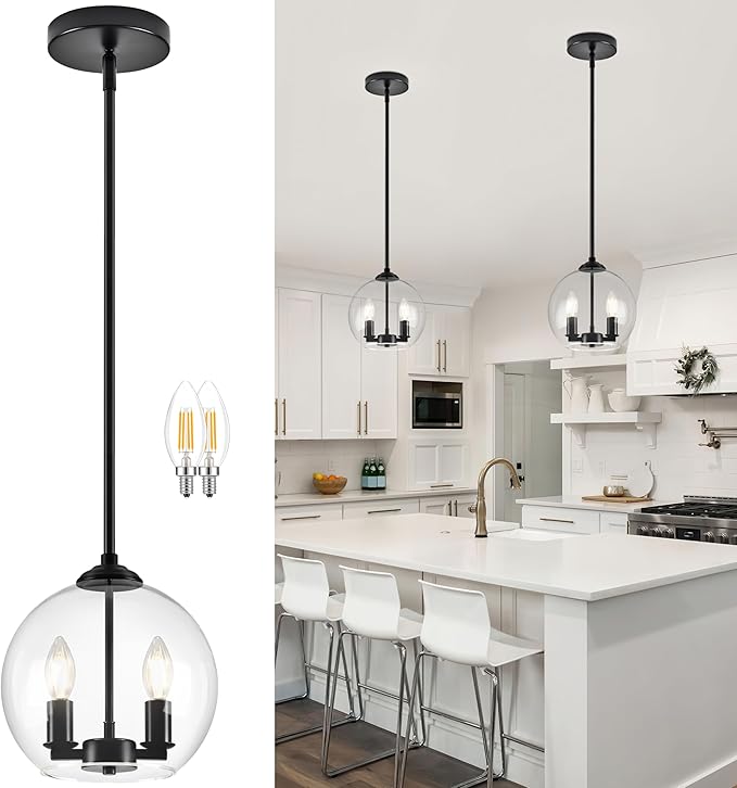 10" Globe Pendant Lights Kitchen Island Glass Globe Pendant Light Fixture Bedroom Mid Century Modern Pendant Lighting Black Pendant Light for Kitchen Island Dinning Room (Bulb Incl.)