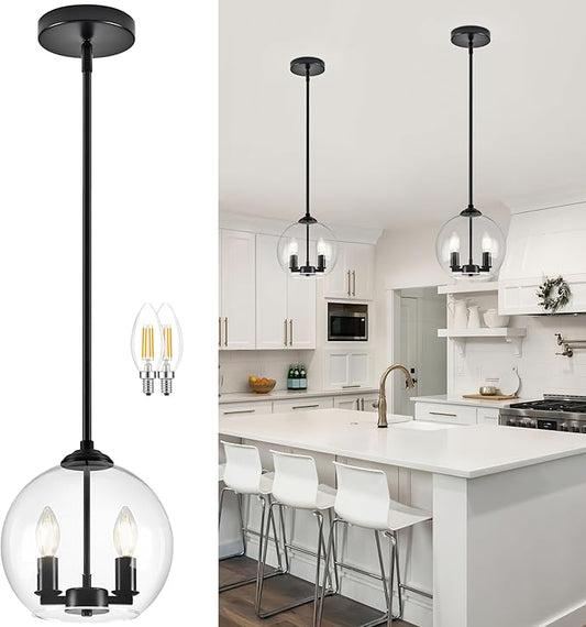 10" Globe Pendant Lights Kitchen Island Glass Globe Pendant Light Fixture Bedroom Mid Century Modern Pendant Lighting Black Pendant Light for Kitchen Island Dinning Room (Bulb Incl.)