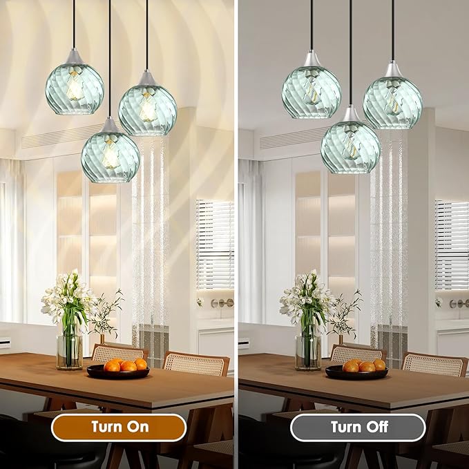Pendant Lights Kitchen Island,3 Pack Farmhouse Pendant Lights,Green Striped Swirl Globe Glass Pendant Light Fixtures,Mini Island Lights For Kitchen,Modern Hanging Light Fixture With Adjustable Height
