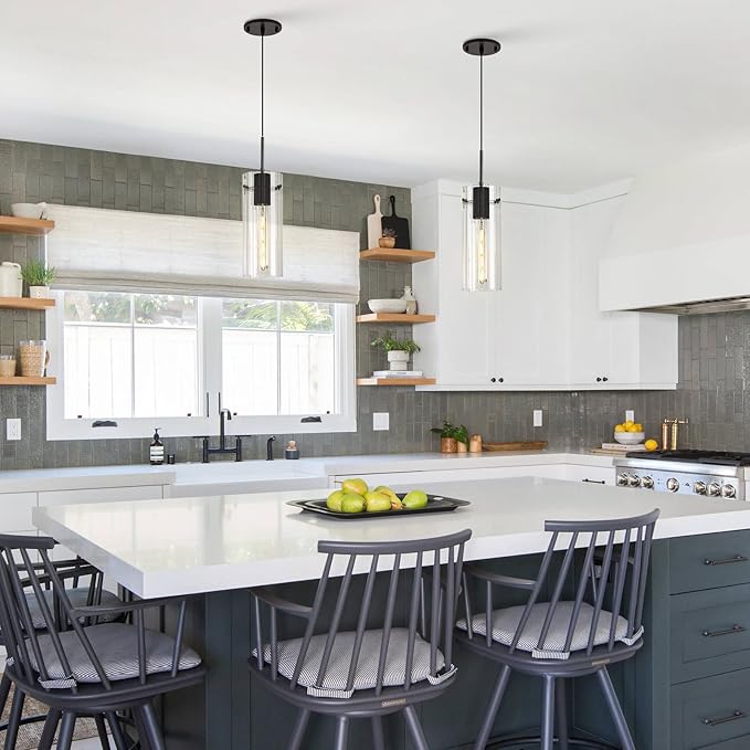 Black Glass Pendant Lights for Kitchen Island, Modern Ribbed Glass Pendant Lighting, Adjustable Cord Single Hanging Light Fixture for Dining Room, Bedroom, Bathroom