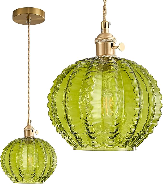 Green Glass Pendant Light Vintage Large Gold Globe Fixtures Mid Century Modern Pendant Lights Hanging Light Fixture Suitable for Kitchen Island Dining Room Foyer Above Sink Bathroom Bedroom