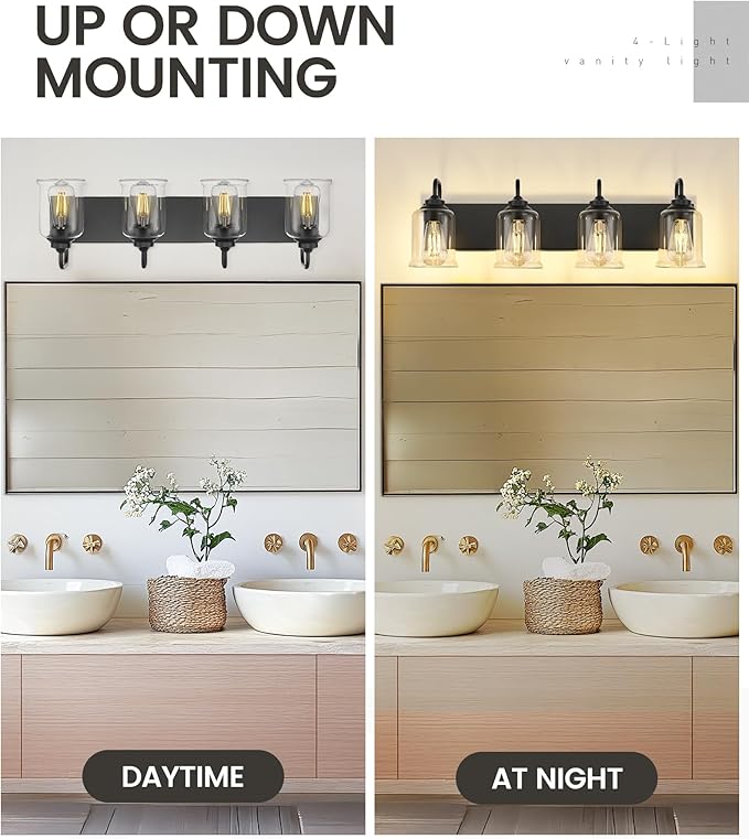 zeyu Modern Bathroom Light Fixtures, 4 Light Vanity Lighting, 28.5" Bathroom Mirror Wall Light, Matte Black Finish with Clear Glass Shade, ZSL72B-4W BK