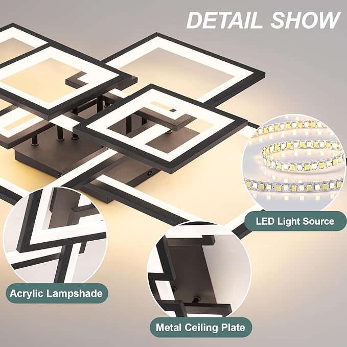 EIDISUNY Modern LED Ceiling Light, Square LED Flush Mount Ceiling Light, Dimmable Kitchen Light Fixtures with Remote&APP, Close to Ceiling Lighting Fixture for Dining Room Kitchen Living Room Bedroom