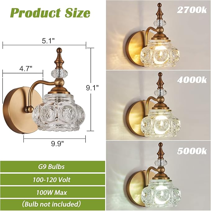 Vintage Wall Sconces, 1-Light Wall Lighting with Crystal Glass Shade, Matte Brushed Antique Brass Finish, Crystal Wall Light, Wall Lamp for Bathroom, Bedroom,Hallway(G9 Base)