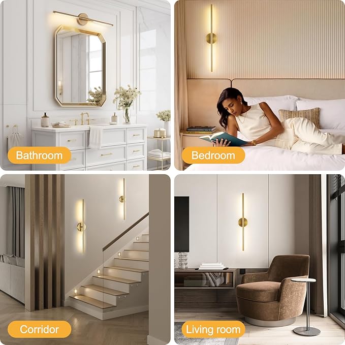 Wireless Battery Operated Wall Sconces with Remote, Gold Rechargeable Led Wall Lights Set of Two, Cordless Dimmable Battery Powered Wall Lamp Decor for Bedroom Living Room, 3 Color, 32 Inch