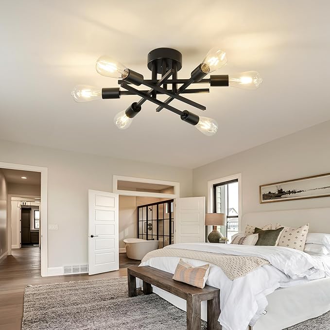 Semi Flush Mount Motion Sensor Ceiling Light Fixture，6 Lights Black Vintage Matte Sputnik Chandelier Ceiling Lamp with E26 Bulb Base for Farmhouse Dining Room Living Room Bedroom Study Kitchen