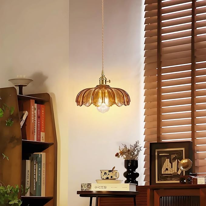 Plug in Pendant Light, Hanging Lights with Plug in Cord, Hanging Light Fixture with Amber Color Glass, E26 Pendant Lighting for Kitchen Island, Bedroom, Dining Room-Browm