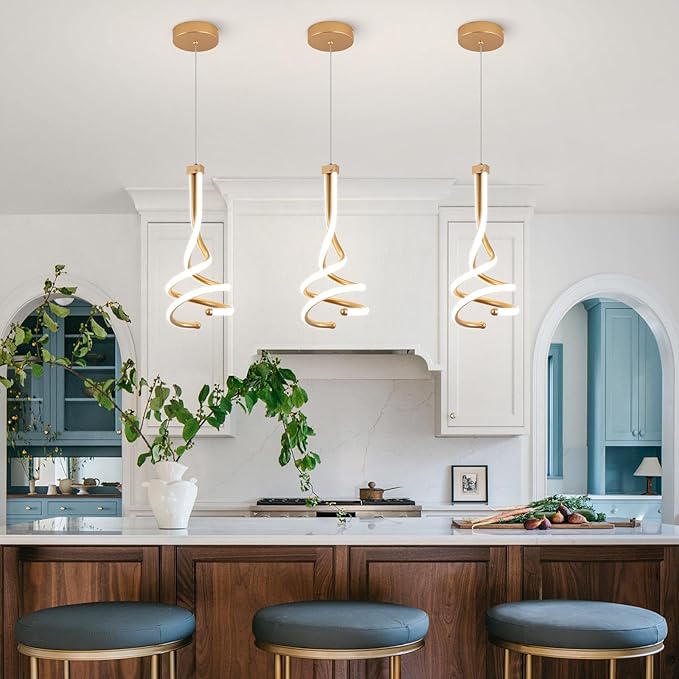 EIDISUNY Modern Pendant Light, Spiral LED Pendant Light Fixture, 4500K LED Hanging Lamp, Gold Chandelier Lights Fixture, 20W Adjustable for Kitchen Island, Dining Room, Bedroom,1 Pack