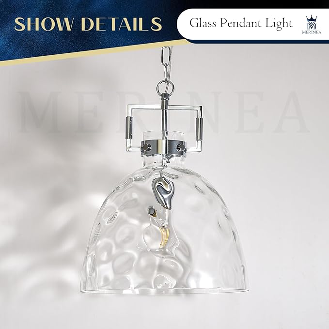 Glass Pendant Light, 13.8 Inch Single Hanging Ceiling Light with Adjustable Chain, E26 Base Oversized Hammered Clear Glass Kitchen Island Pendant Lighting in Polished Chrome for Dining Room, Entryway
