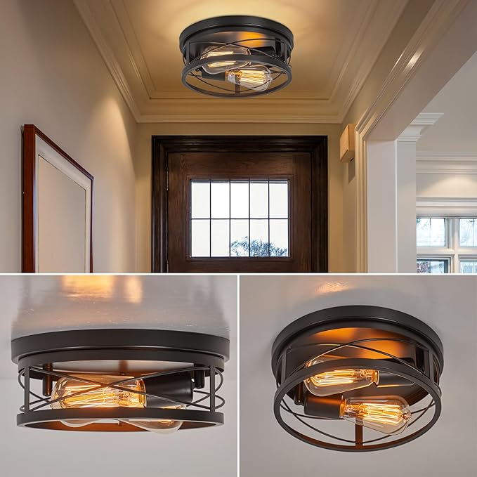 Farmhouse Ceiling Light Fixture Black Flush Mount Ceiling Light 2-Light Industrial Metal Cage Ceiling Lights for Hallway, Foyer, Kitchen, Dining Room Bedroom Living Room Laundry