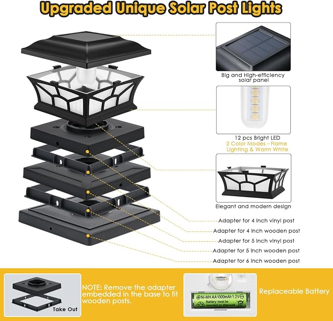 2 Pack Solar Post Cap Lights Outdoor Flickering Flame & Warm White, Fits 4x4 5x5 6x6 Wooden or Vinyl Posts, Waterproof Solar Fence Deck Lights for Yard Garden Patio Decoration.