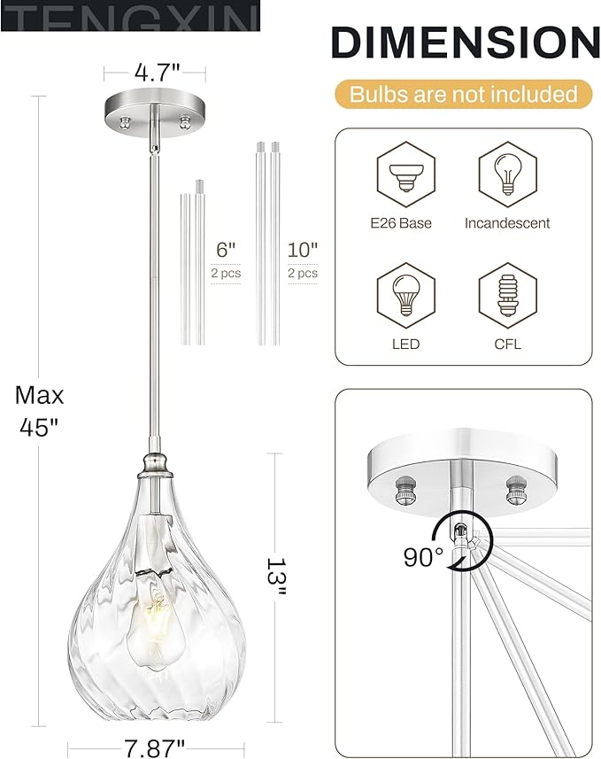 TENGXIN 8 Inch Hanging Pendant Lights,Island Lights for Kitchen,Brushed Nickel Finished Hammered Pendant Light,Farmhouse Pendant Light for Dining Room,Bedroom,TXPLBN12-L