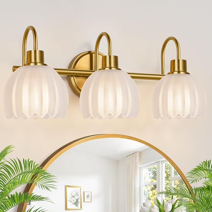3-Light Bathroom Vanity Light, 20" Brushed Gold Bathroom Light Fixtures with Ribbed Frosted Clear Tulip Glass Shade, Vanity Lighting Fixtures Over Mirror for Bedroom Living Room Hallway