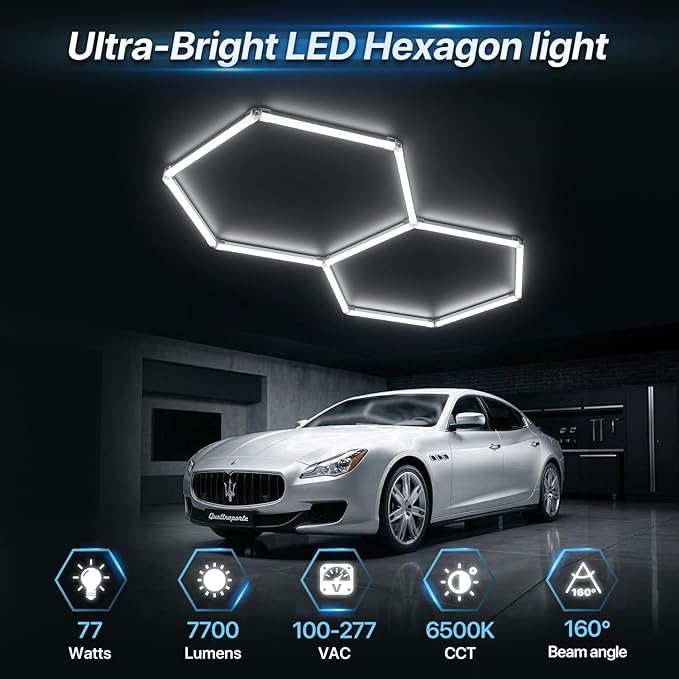 HYPERLITE Gen 2 Hexagon Garage Lights: 77W 7700LM 2 Grids DIY Hexagon Led Light, 6500K Ultra Bright Honeycomb Hex Lights, Easy Install, Durable Design for Garage, Shop, Basement, Barber, Homegym